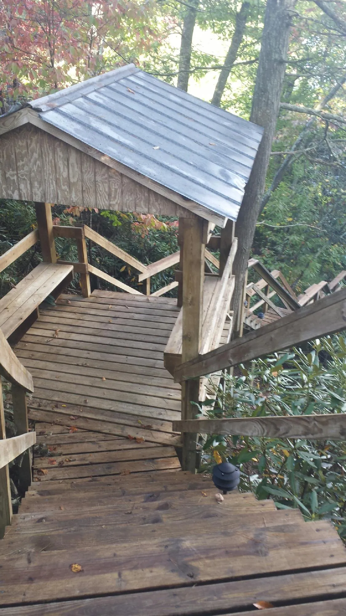 Metal roofed shelter over wooden steps on a wooded walkway — Skylight Repair & Installation work by our crew in Udall